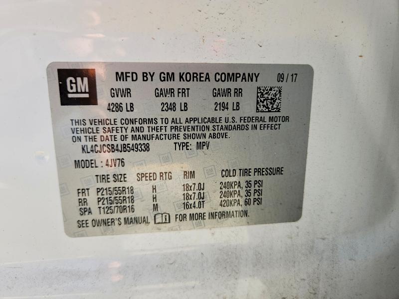 50662216 :رقم المزاد ، KL4CJCSB4JB549338 vin ، 2018 Buick Encore مزاد بيع