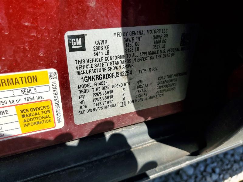 50494116 :رقم المزاد ، 1GNKRGKD9FJ242254 vin ، 2015 Chevrolet Traverse مزاد بيع