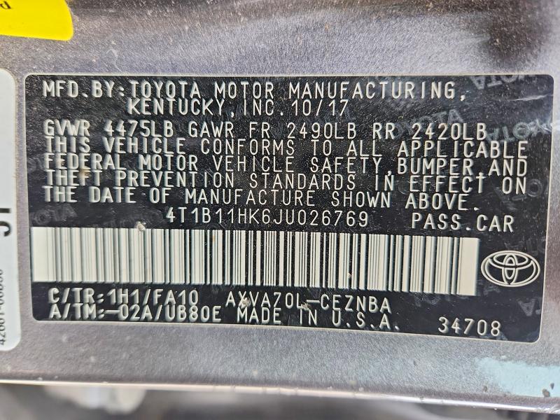 Aukcja sprzedaży 2018 Toyota Camry, vin: 4T1B11HK6JU026769, numer aukcji: 52063446