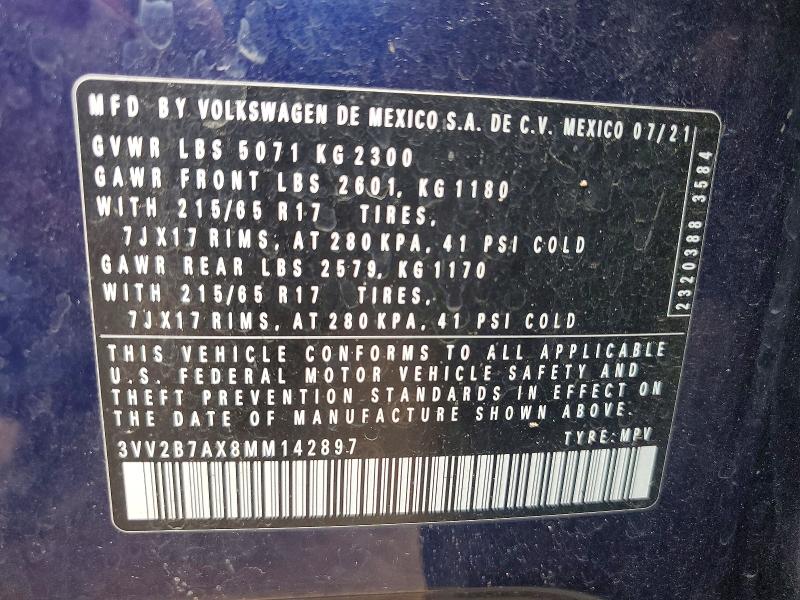 Aukcja sprzedaży 2021 Volkswagen Tiguan, vin: 3VV2B7AX8MM142897, numer aukcji: 51139776