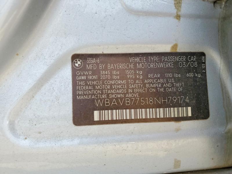 2008 Bmw 335 მანქანა იყიდება აუქციონზე, vin: WBAVB77518NH79174, აუქციონის ნომერი: 51713246