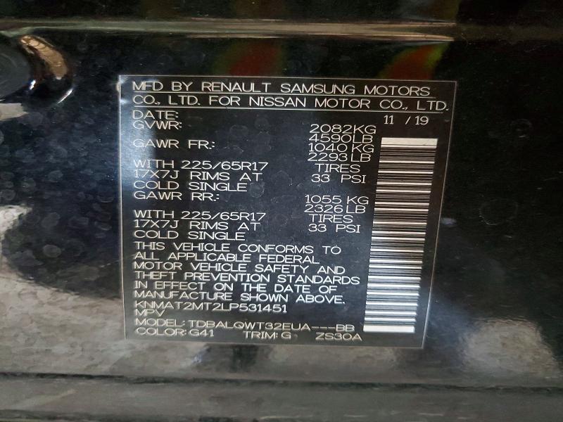 52000776 :رقم المزاد ، KNMAT2MT2LP531451 vin ، 2020 Nissan Rogue مزاد بيع
