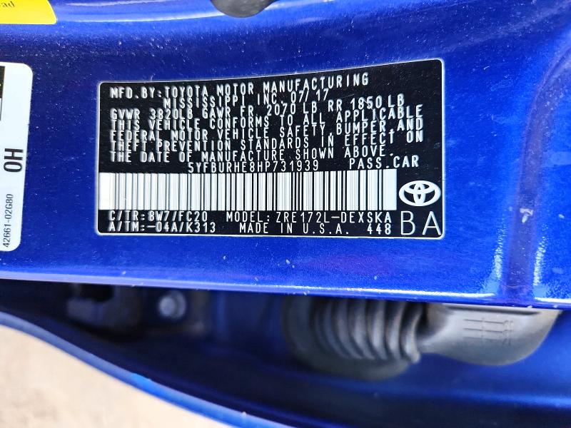 Продаж на аукціоні авто 2017 Toyota Corolla, vin: 5YFBURHE8HP731939, номер лоту: 50077876