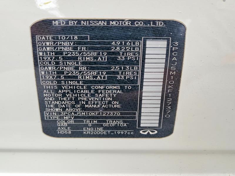 49452216 :رقم المزاد ، 3PCAJ5M10KF127370 vin ، 2019 Infiniti Qx50 مزاد بيع