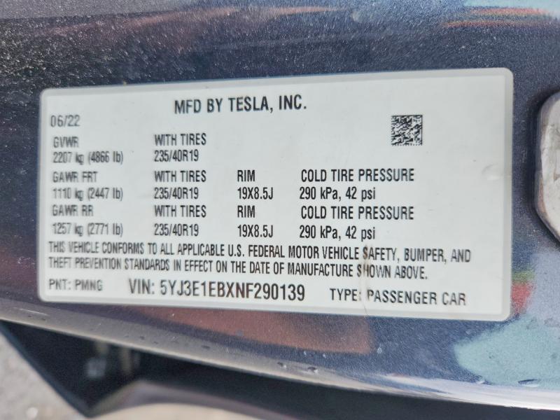 49748196 :رقم المزاد ، 5YJ3E1EBXNF290139 vin ، 2022 Tesla Model 3 مزاد بيع