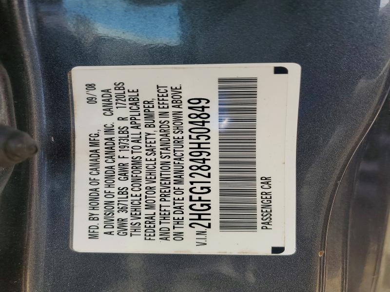 49289006 :رقم المزاد ، 2HGFG12849H504849 vin ، 2009 Honda Civic مزاد بيع