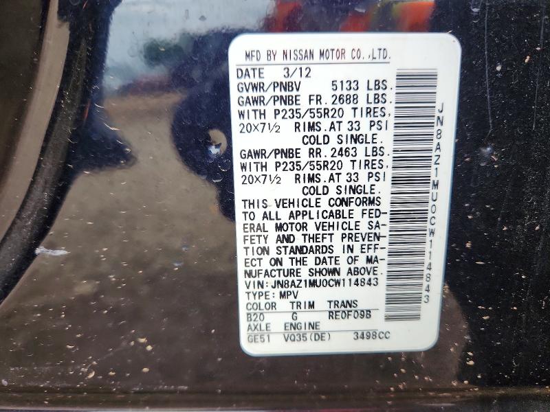 Aukcja sprzedaży 2012 Nissan Murano, vin: JN8AZ1MU0CW114843, numer aukcji: 51542476