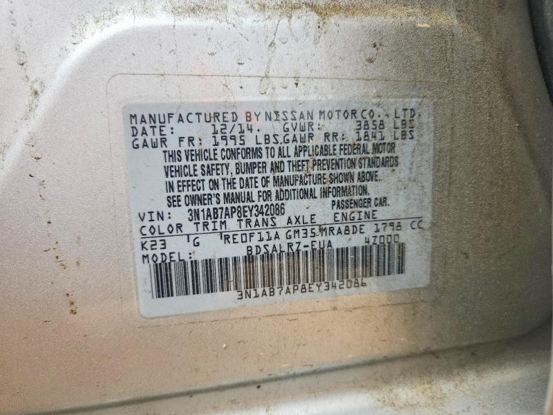 2014 Nissan Sentra მანქანა იყიდება აუქციონზე, vin: 3N1AB7AP8EY342086, აუქციონის ნომერი: 51756376