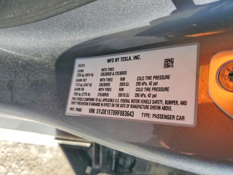 2024 Tesla Model 3 მანქანა იყიდება აუქციონზე, vin: 5YJ3E1ET8RF883643, აუქციონის ნომერი: 49165446
