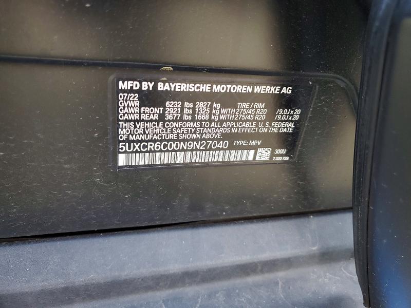 2022 Bmw X5 მანქანა იყიდება აუქციონზე, vin: 5UXCR6C00N9N27040, აუქციონის ნომერი: 50404856