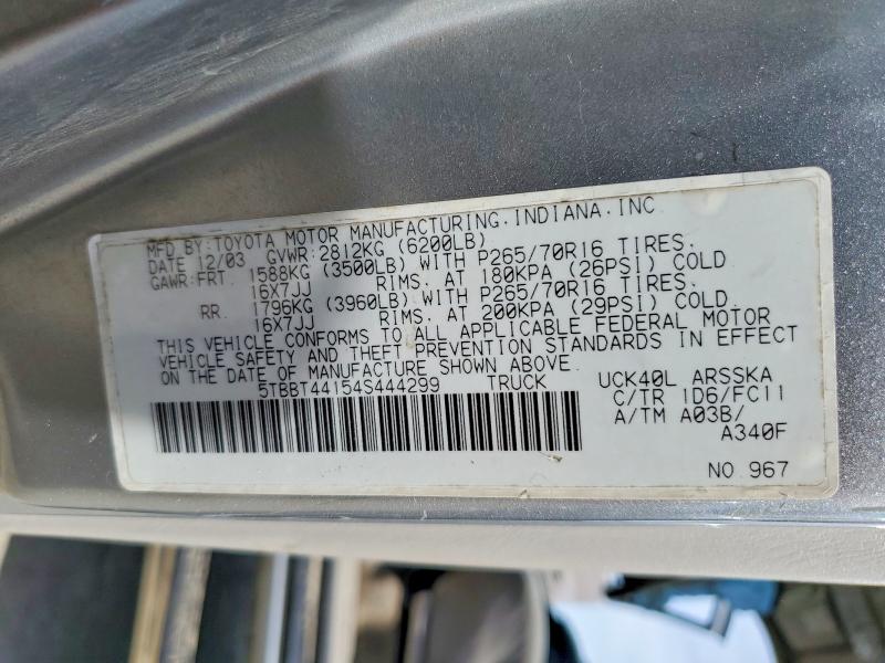 Aukcja sprzedaży 2004 Toyota Tundra, vin: 5TBBT44154S444299, numer aukcji: 51604566