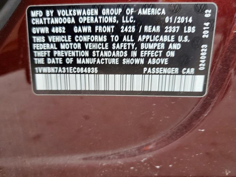2014 Volkswagen Passat მანქანა იყიდება აუქციონზე, vin: 1VWBN7A31EC064935, აუქციონის ნომერი: 50571876