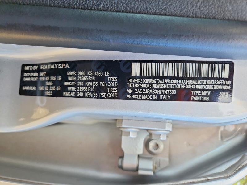 Aukcja sprzedaży 2017 Jeep Renegade, vin: ZACCJBABXHPF47580, numer aukcji: 48350786
