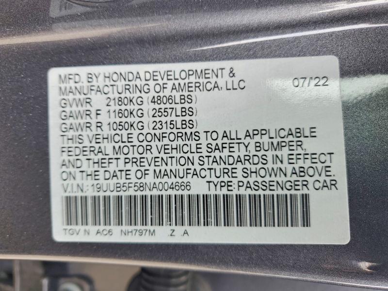 2022 Acura Tlx მანქანა იყიდება აუქციონზე, vin: 19UUB5F58NA004666, აუქციონის ნომერი: 41630626