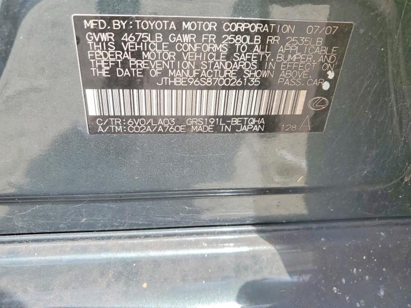 Auction sale of the 2007 Lexus Gs, vin: JTHBE96S870026135, lot number: 51249026