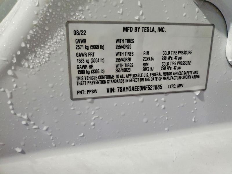 2022 Tesla Model Y მანქანა იყიდება აუქციონზე, vin: 7SAYGAEE0NF521885, აუქციონის ნომერი: 49355246