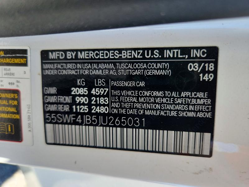 49685816 :رقم المزاد ، 55SWF4JB5JU265031 vin ، 2018 Mercedes-benz C مزاد بيع