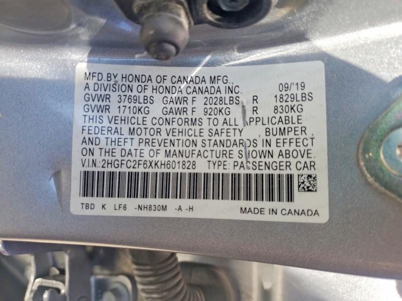 50408146 :رقم المزاد ، 2HGFC2F6XKH601828 vin ، 2019 Honda Civic مزاد بيع