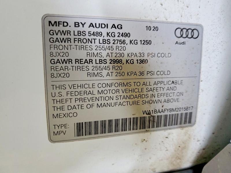 50938616 :رقم المزاد ، WA1BAAFY8M2015617 vin ، 2021 Audi Q5 مزاد بيع