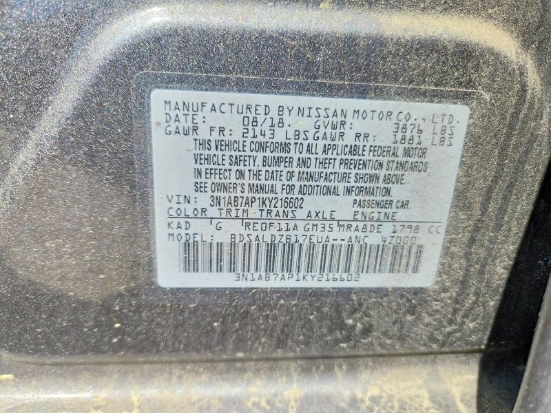 50854706 :رقم المزاد ، 3N1AB7AP1KY216602 vin ، 2019 Nissan Sentra مزاد بيع