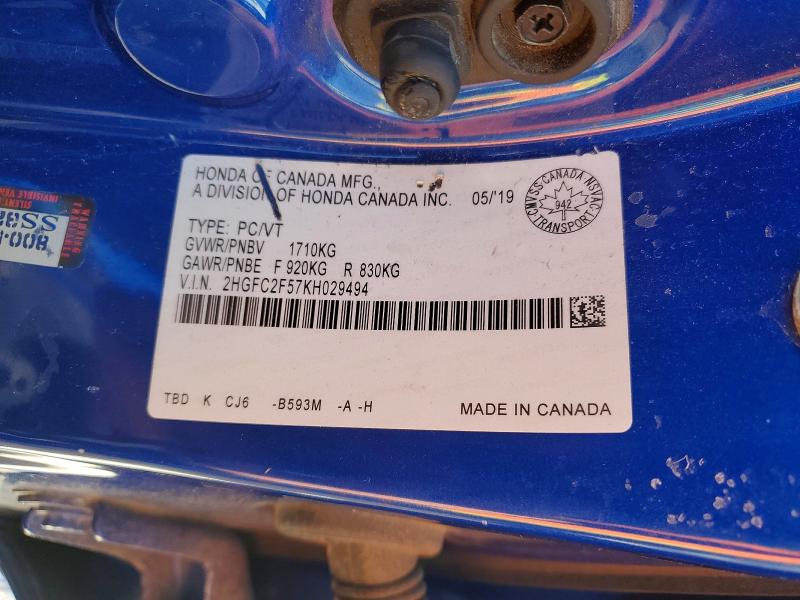Aukcja sprzedaży 2019 Honda Civic, vin: 2HGFC2F57KH029494, numer aukcji: 78081845