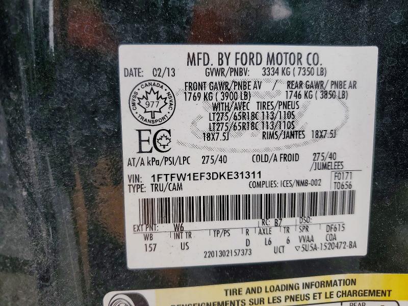 51097316 :رقم المزاد ، 1FTFW1EF3DKE31311 vin ، 2013 Ford F150 مزاد بيع