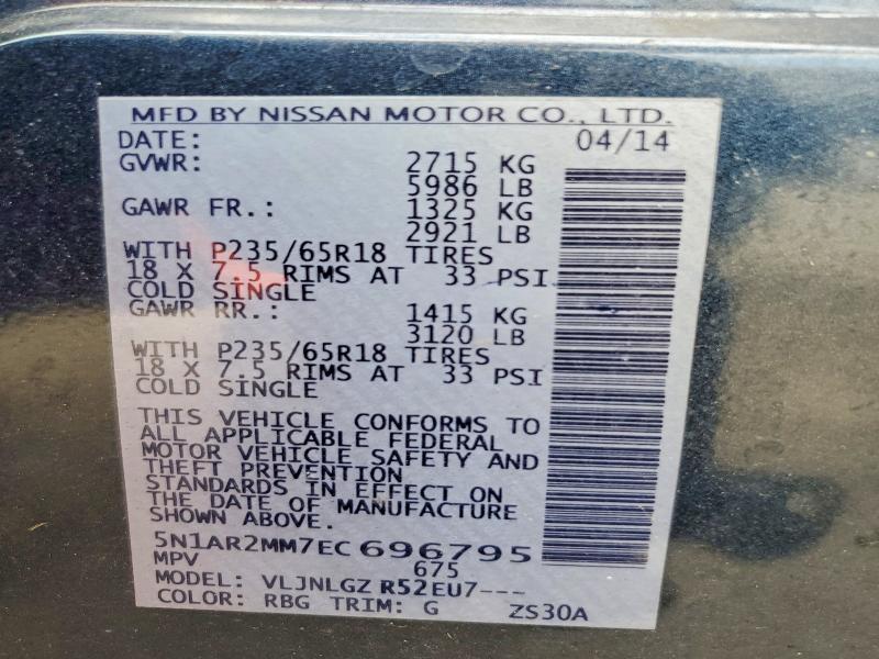 50944556 :رقم المزاد ، 5N1AR2MM7EC696795 vin ، 2014 Nissan Pathfinder مزاد بيع