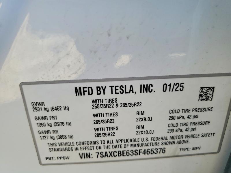 2025 Tesla Model X მანქანა იყიდება აუქციონზე, vin: 7SAXCBE63SF465376, აუქციონის ნომერი: 49022256