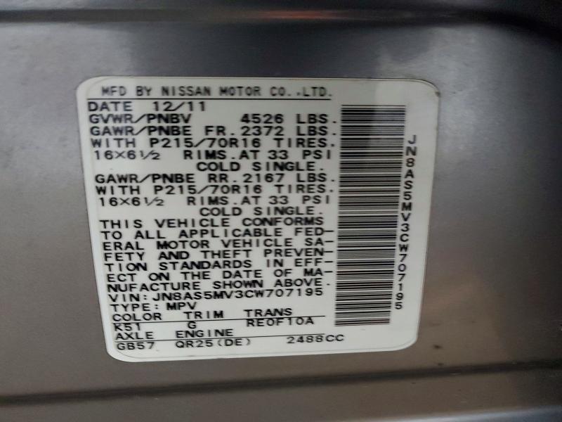 Продаж на аукціоні авто 2012 Nissan Rogue, vin: JN8AS5MV3CW707195, номер лоту: 47459106