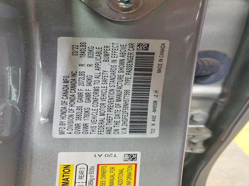 50642216 :رقم المزاد ، 2HGFE2F58NH577566 vin ، 2022 Honda Civic مزاد بيع