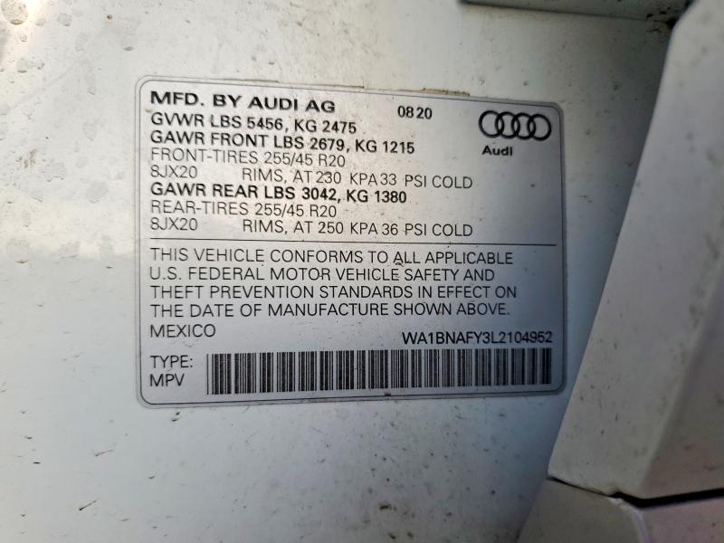 2020 Audi Q5 მანქანა იყიდება აუქციონზე, vin: WA1BNAFY3L2104952, აუქციონის ნომერი: 49223506