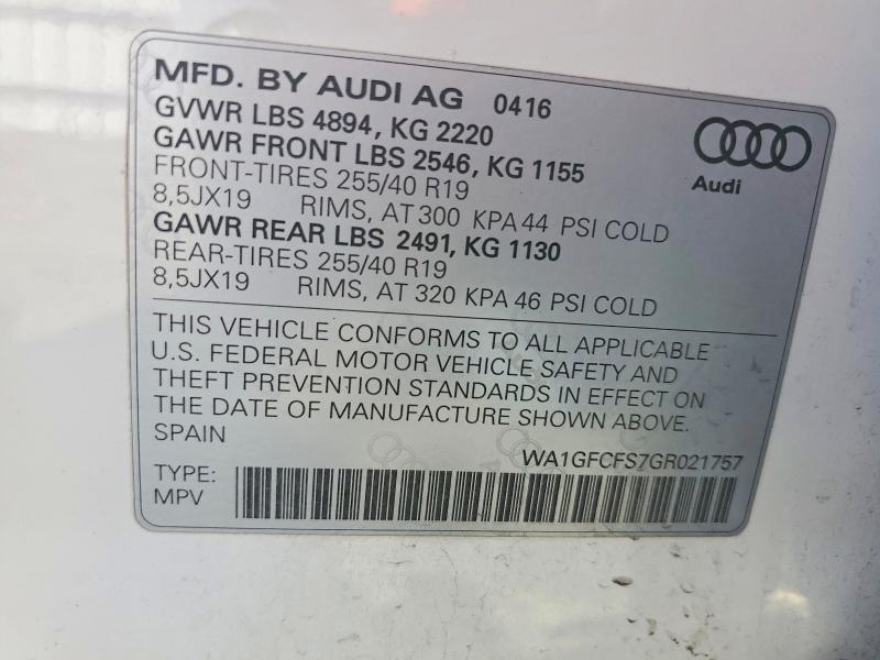 48673356 :رقم المزاد ، WA1GFCFS7GR021757 vin ، 2016 Audi Q3 مزاد بيع