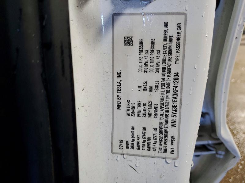 48607176 :رقم المزاد ، 5YJ3E1EA3KF412004 vin ، 2019 Tesla Model 3 مزاد بيع