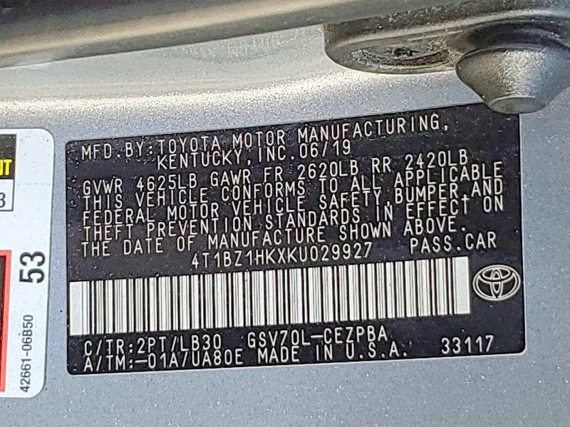 49763196 :رقم المزاد ، 4T1BZ1HKXKU029927 vin ، 2019 Toyota Camry مزاد بيع