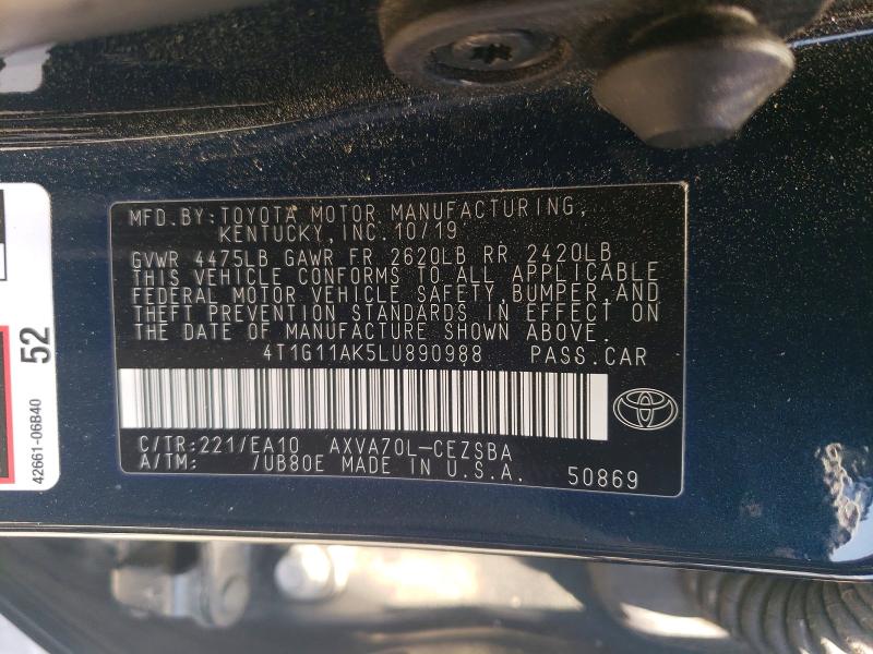 Продажа на аукционе авто 2020 Toyota Camry, vin: 4T1G11AK5LU890988, номер лота: 50686776