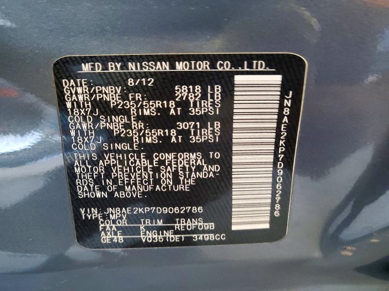 51447606 :رقم المزاد ، JN8AE2KP7D9062786 vin ، 2013 Nissan Quest مزاد بيع