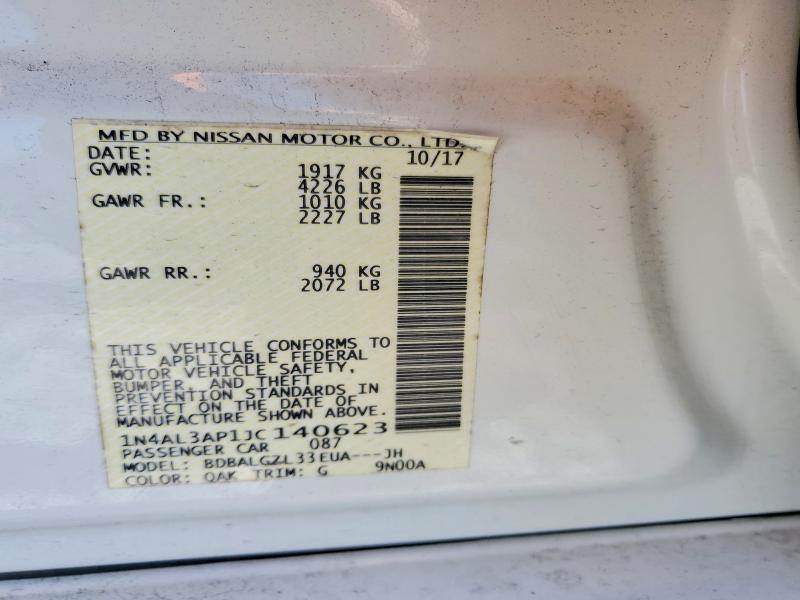 2018 Nissan Altima მანქანა იყიდება აუქციონზე, vin: 1N4AL3AP1JC140623, აუქციონის ნომერი: 49742166