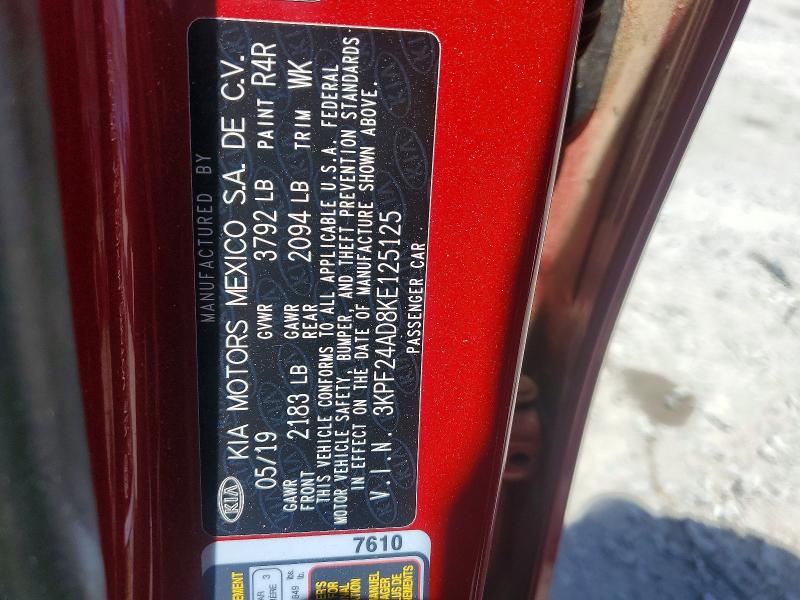 50807786 :رقم المزاد ، 3KPF24AD8KE125125 vin ، 2019 Kia Forte مزاد بيع