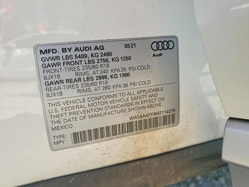 2021 Audi Q5 მანქანა იყიდება აუქციონზე, vin: WA1AAAFY4M2114379, აუქციონის ნომერი: 50683156