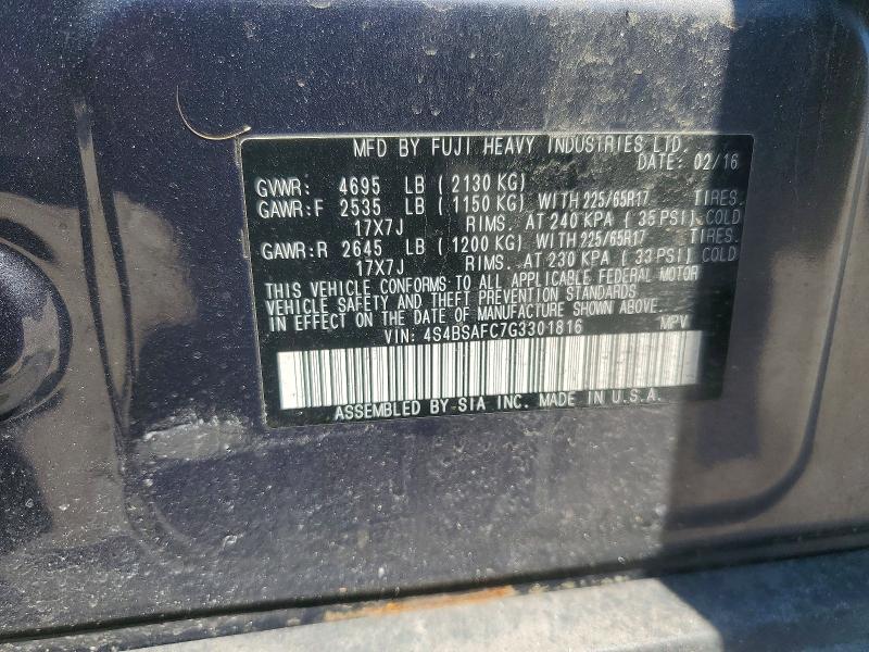 49460796 :رقم المزاد ، 4S4BSAFC7G3301816 vin ، 2016 Subaru Outback مزاد بيع