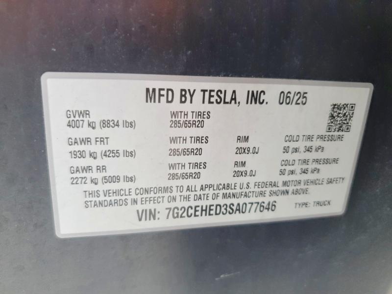 Aukcja sprzedaży 2025 Tesla Cybertruck, vin: 7G2CEHED3SA077646, numer aukcji: 48058226