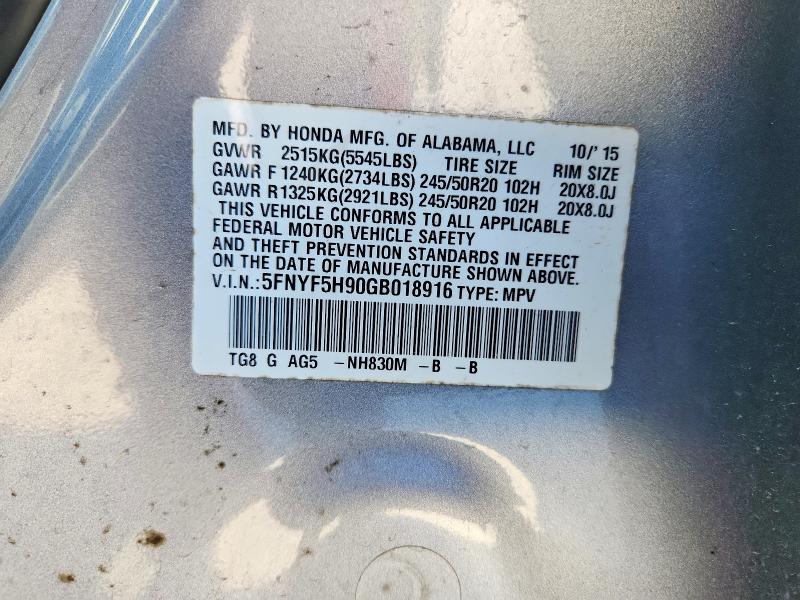 Продаж на аукціоні авто 2016 Honda Pilot, vin: 5FNYF5H90GB018916, номер лоту: 50733526