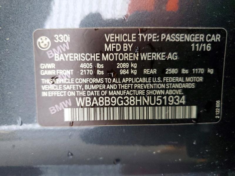 Aukcja sprzedaży 2017 Bmw 330, vin: WBA8B9G38HNU51934, numer aukcji: 52955416