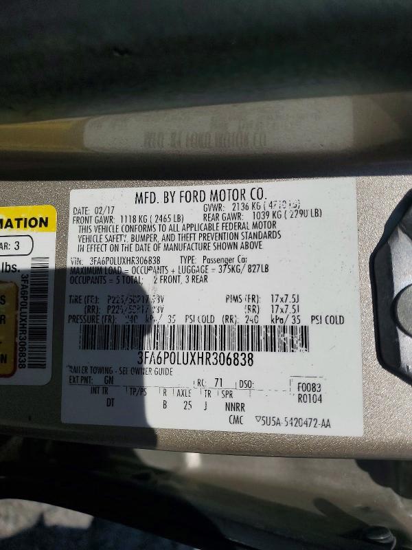 Продажа на аукционе авто 2017 Ford Fusion, vin: 3FA6P0LUXHR306838, номер лота: 41630896