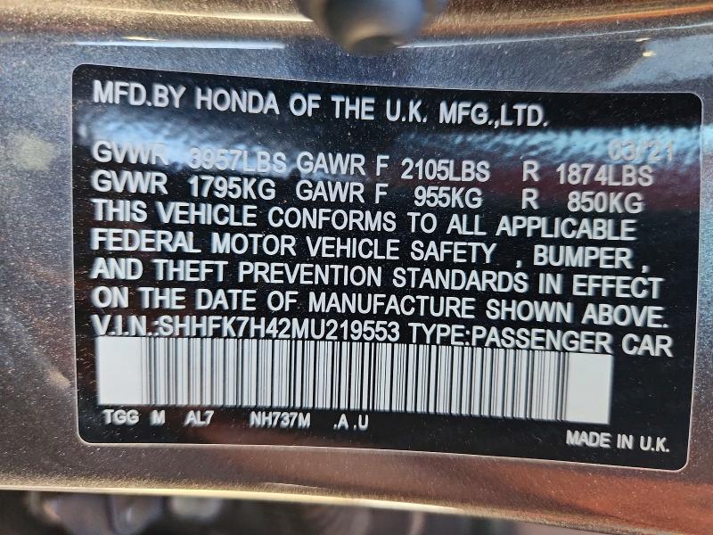 Aukcja sprzedaży 2021 Honda Civic, vin: SHHFK7H42MU219553, numer aukcji: 48929736