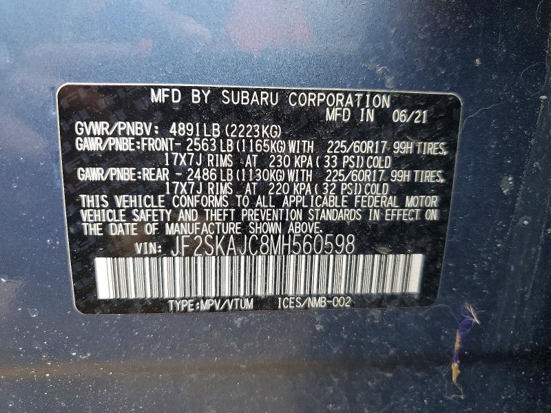 2021 Subaru Forester მანქანა იყიდება აუქციონზე, vin: JF2SKAJC8MH560598, აუქციონის ნომერი: 51191406