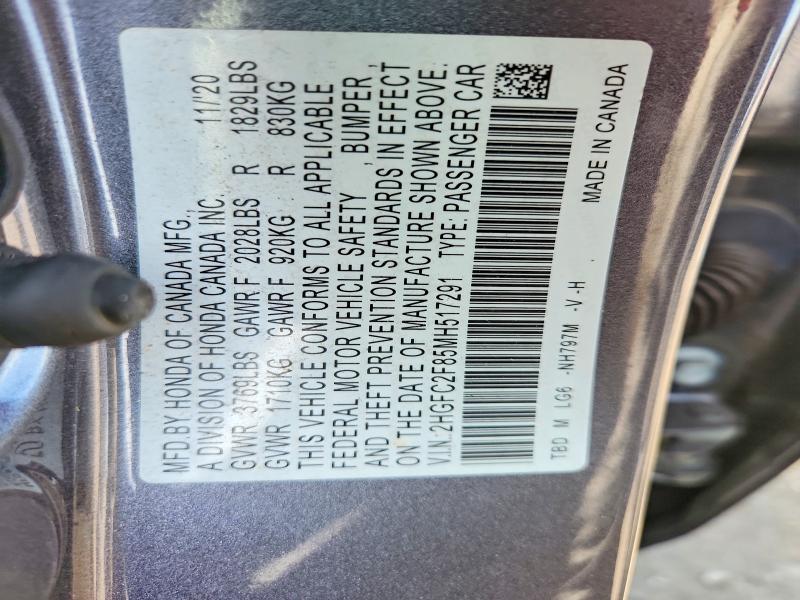 Aukcja sprzedaży 2021 Honda Civic, vin: 2HGFC2F85MH517291, numer aukcji: 48539686