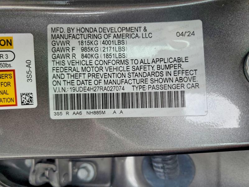 50801516 :رقم المزاد ، 19UDE4H27RA027074 vin ، 2024 Acura Integra مزاد بيع