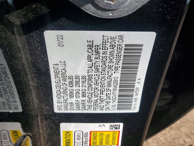 Aukcja sprzedaży 2022 Honda Accord, vin: 1HGCV1F19NA025910, numer aukcji: 50744706