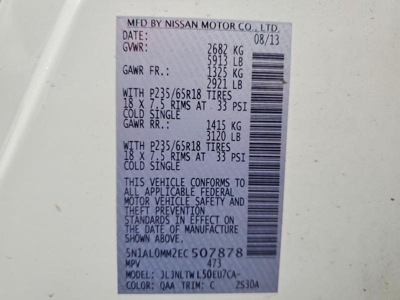 52127856 :رقم المزاد ، 5N1AL0MM2EC507878 vin ، 2014 Infiniti Qx60 مزاد بيع